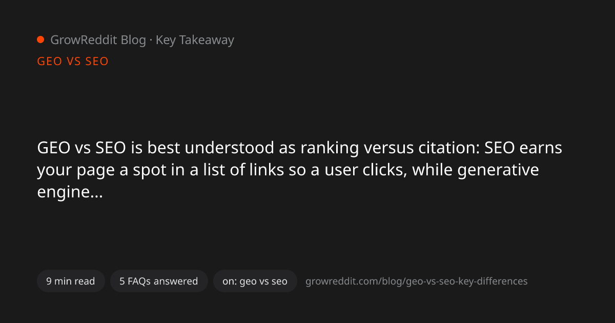 Key takeaway from GEO vs SEO: Key Differences (and How They Work Together)